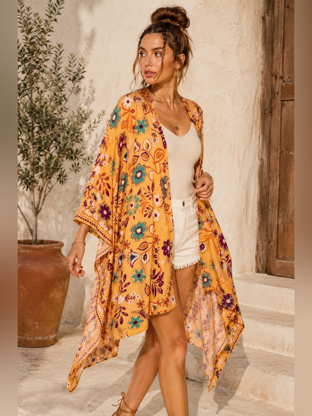 SALE! EASEL Clothingย Women's Kimono Floral Abstract Boho PrintโBlack S-L ED16142